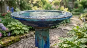 Durable ceramic bird bath designed for outdoor weather resistance in Canadian gardens.