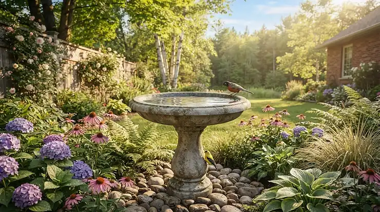 A durable concrete bird bath centered in a lush Canadian garden. / Bain d'oiseaux en béton durable dans un jardin.
