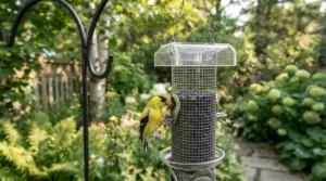 Bright yellow American goldfinch perched and eating nyjer seed from a hanging feeder in Ontario.