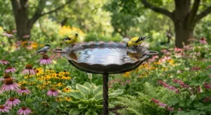 Practical metal bird bath stake for small flower beds.