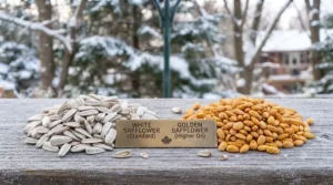Close-up vector comparison of golden and white safflower seed canada squirrel proof varieties.