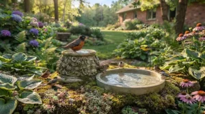 Ground-level concrete bird bath placed near garden stones. / Bain d'oiseaux en béton au sol près de pierres de jardin.