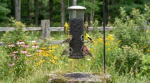 Backyard feeding station stocked with nyjer seed supporting wild finches through the cold Canadian winter months.