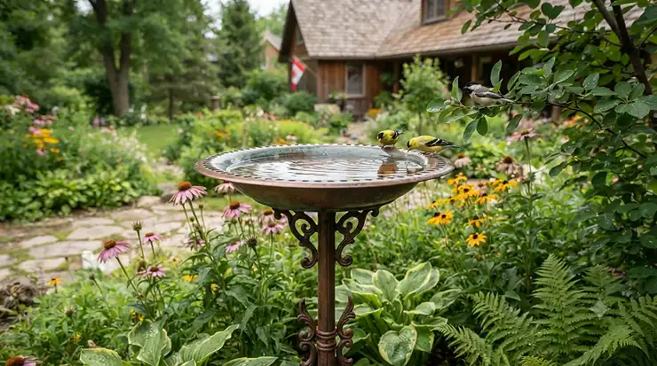 Elegant metal bird bath in a lush Canadian garden.