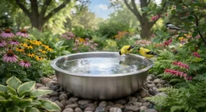 Minimalist steel bird bath bowl for backyard wildlife.