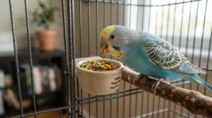 A bowl containing a mixture of crushed pellets and soft food, used to introduce new flavours during a bird's diet conversion.