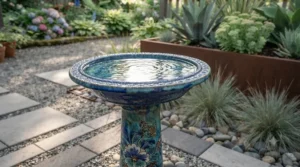 Sleek, modern-style ceramic bird bath accenting a contemporary landscape.
