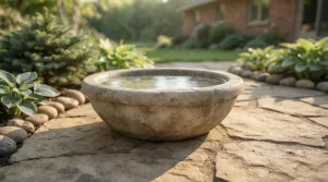 Grey concrete bird bath with a natural stone finish. / Bain d'oiseaux en béton gris au fini pierre naturelle.