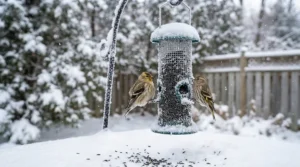 Un chardonneret vibrant se nourrissant de graines de nyjer nutritives dans une mangeoire d'arrière-cour au Canada.