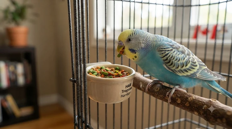 Parrot eating organic bird pellets from a bowl.