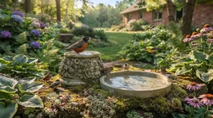 Ornate, hand-sculpted concrete bird bath with pedestal. / Bain d'oiseaux en béton sculpté sur piédestal.