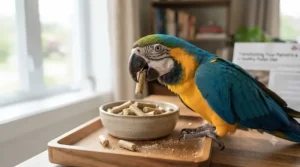 Happy parrot in a bright Canadian home, enjoying its best parrot pellets. / Perroquet heureux dans une maison canadienne, savourant ses meilleurs granulés.