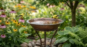Rustic hammered copper metal bird bath for outdoors.