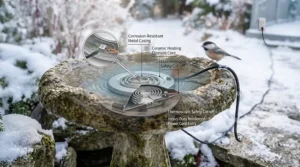 Illustration highlighting the safe, energy-efficient heating element in a bird bath.