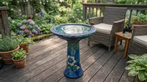 Elegant blue ceramic bird bath placed on a wooden backyard patio.
