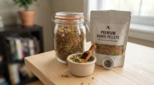 Storing bird pellets in a cool, dry place to maintain freshness.