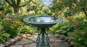Vintage style metal bird bath with verdigris finish.