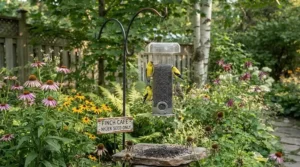 Mangeoire tubulaire à mailles fines remplie de graines de nyjer fraîches suspendue dans un jardin canadien pour attirer les tarins des pins.