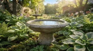 A concrete bird bath stored indoors for winter protection. / Bain d'oiseaux en béton entreposé à l'intérieur pour l'hiver.