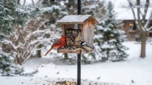 Northern cardinal enjoying high-energy bird food from the best wild bird seed brands during a Canadian winter.