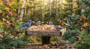 A diverse flock of wild birds gathering around a platform feeder filled with bulk nuts in Canada.