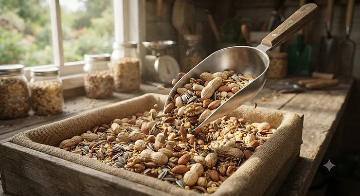 A metal scoop diving into a custom blend of bulk bird nuts and seeds for wild birds. bird nuts canada bulk