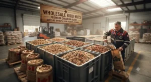 Wholesale bulk bins filled with high-energy bird nuts ready for Canadian bird watchers.