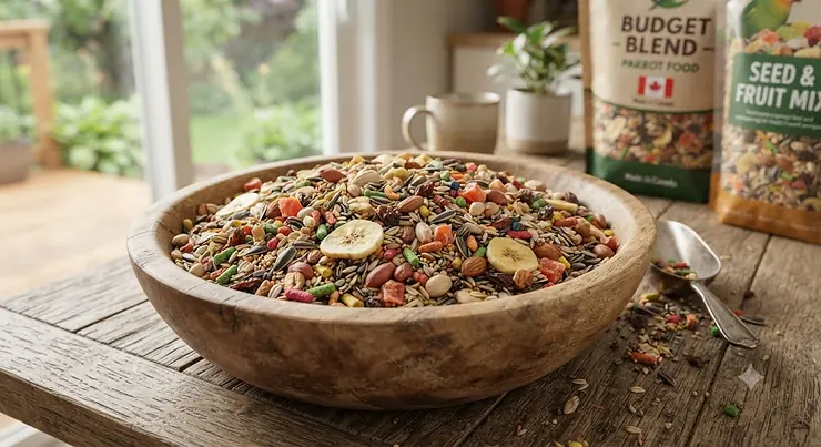 A colorful mix of affordable parrot bird food in a wooden bowl, suitable for pet owners across Canada looking for budget-friendly nutrition.