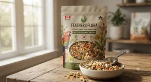 An affordable specialty parrot food formulation designed to support healthy feathers and digestion.