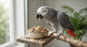 An African Grey parrot enjoying a nutritious meal from the best parrot seed mix available in Canada.