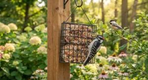 A downy woodpecker feeding on a nutrient-rich suet cake mounted on a garden post.