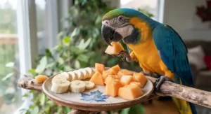 Fresh banana slices and cantaloupe chunks included in the safe fruits for parrots list for Canadian pet owners