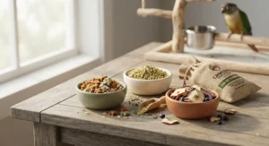 Selection of low-fat, nutritious parrot training treats recommended for daily interaction and trick training.