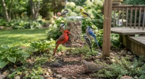 A diverse group of Canadian backyard birds feeding together on nutritious, no mess bird seed.