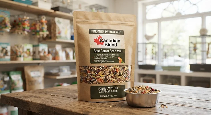 A premium bag of the best parrot seed mix formulated for pet birds in Canada.