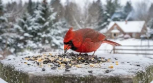 Close-up of nutrient-dense black-oil sunflower winter bird seed, ideal for helping backyard birds survive freezing Canadian temperatures.