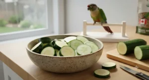 A Canadian bird owner feeding safe vegetables to their pet parrot from a small ceramic bowl.
