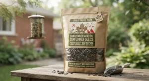 Sustainable packaging of bulk black oil sunflower seeds, an economical choice for Canadian bird feeding.