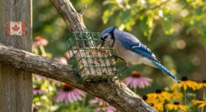 A vibrant Blue Jay perched on a tree branch eating no melt suet for summer during a warm afternoon.