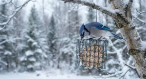 A vibrant blue jay eating from a hanging suet cage during a freezing Canadian morning.