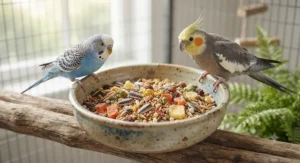A ceramic food bowl filled with the best parrot seed mix suitable for various hookbills.