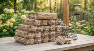 An organized display of bulk suet cake packs, the best choice for year-round Canadian bird watchers.