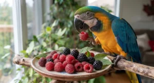 Selection of raspberries and blackberries highlighting safe fruits for parrots list options available in Canada