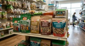 Various cheap parrot food options on a retail shelf to help Canadian bird owners save money on pet care.