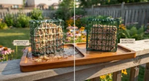 Side-by-side comparison illustrating a melted standard suet cake versus a solid no melt suet for summer weather.