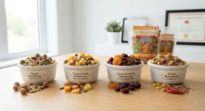 Side-by-side comparison bowls featuring different flavors of the best nutriberries for parrots