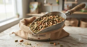 Cost-effective pellets for parrots displayed in a scoop, offering balanced nutrition for Canadian pet birds.