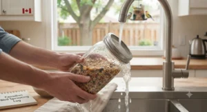 Rinsing sprouting bird seeds under cool tap water in a modern Canadian kitchen