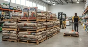 Large discount parrot food bulk bags stacked neatly in a pet supply warehouse serving customers in Ontario and nationwide.