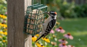 A male Downy Woodpecker perched on a suet cage enjoying no melt suet for summer backyard bird watching in Canada.